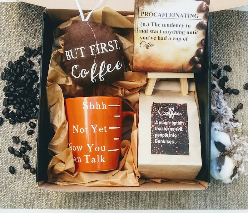 Coffee lovers gift set boxed Funny mug, Quality coffee, Desk print canvas & stand, Coffee Bean, Boss Gift, unisex gift for him for co-worker image 1