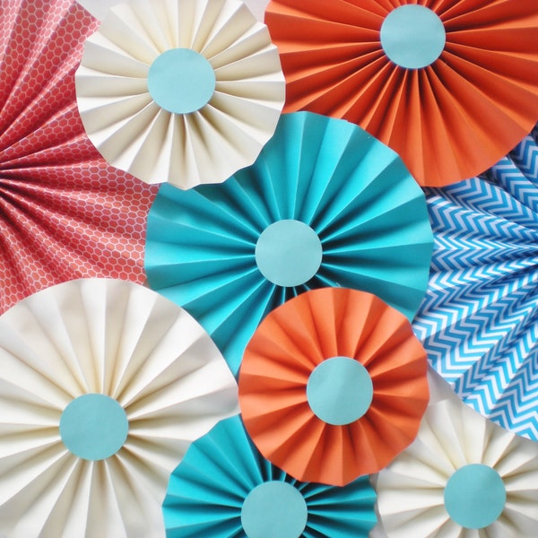 Orange blue paper fans for wedding backdrop, birthday background, boy baby shower, CUSTOM COLORS available burnt orange turquoise