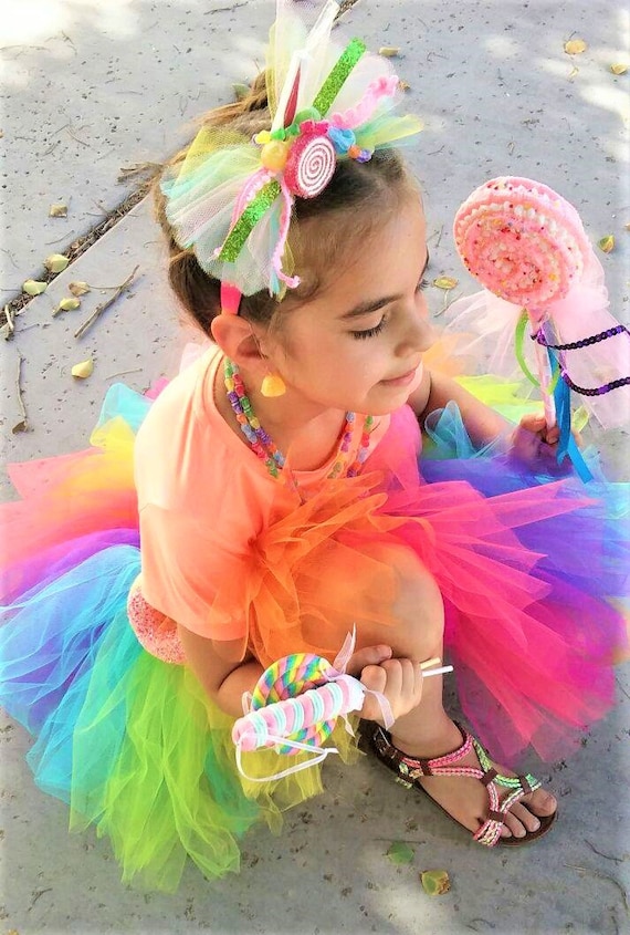 HOWAF Lollipop kostuum, lollipop haarband haaraccessoires, vingerloze handschoenen, oorbellen, halsketting, tattoos voor bonbon, candy Halloween, Fasching carnaval kostuum