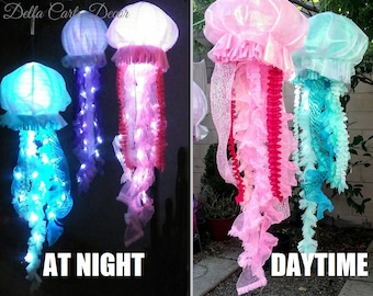 Jellyfish lantern LIGHT UP jellyfish for under the sea party decorations mermaid birthday or ocean nursery hanging fabric jellyfish lamp