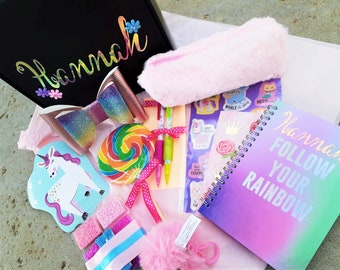 Tween girl gifts box Personalized notebook, fuzzy pencil case, pom pom, Giant swirl lollipop, jewelry making kit, stickers journal set