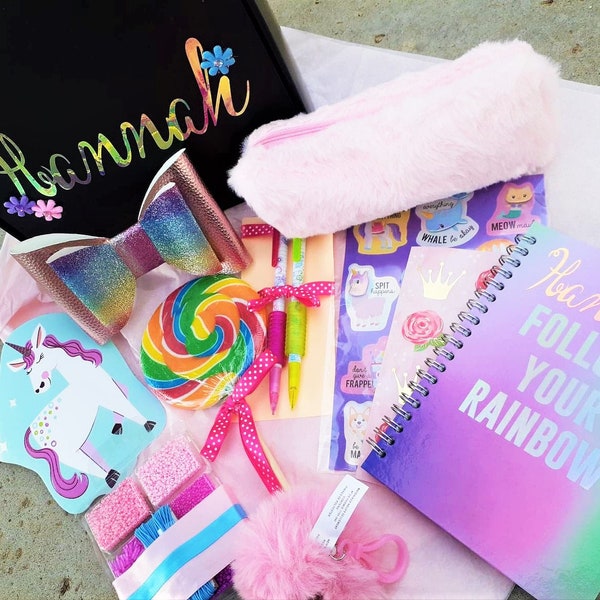 Tween girl gifts box Personalized notebook, fuzzy pencil case, pom pom, Giant swirl lollipop, jewelry making kit, stickers journal set