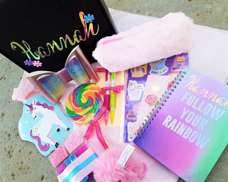 Tween girl gifts box Personalized notebook, fuzzy pencil case, pom pom, Giant swirl lollipop, jewelry making kit, stickers journal set image 1