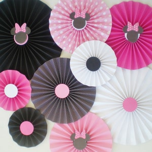 Minnie mouse party table backdrop paper fans pink, black, white pinwheels image 4