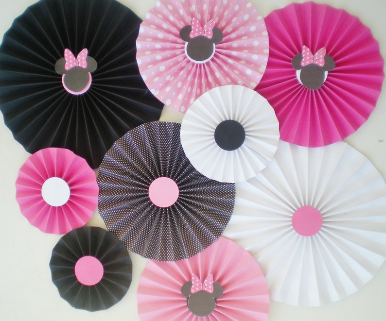 Minnie mouse party table backdrop paper fans pink, black, white pinwheels image 4