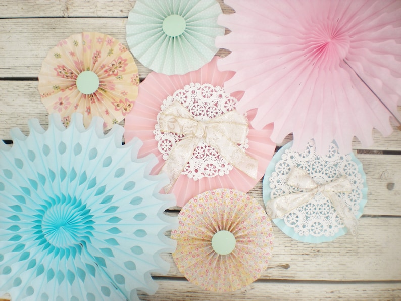 etc prints vary wall hanging Shabby chic paper fans with doilies and bows for photo backdrop table backdrop