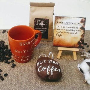Coffee lovers gift set boxed Funny mug, Quality coffee, Desk print canvas & stand, Coffee Bean, Boss Gift, unisex gift for him for co-worker image 6