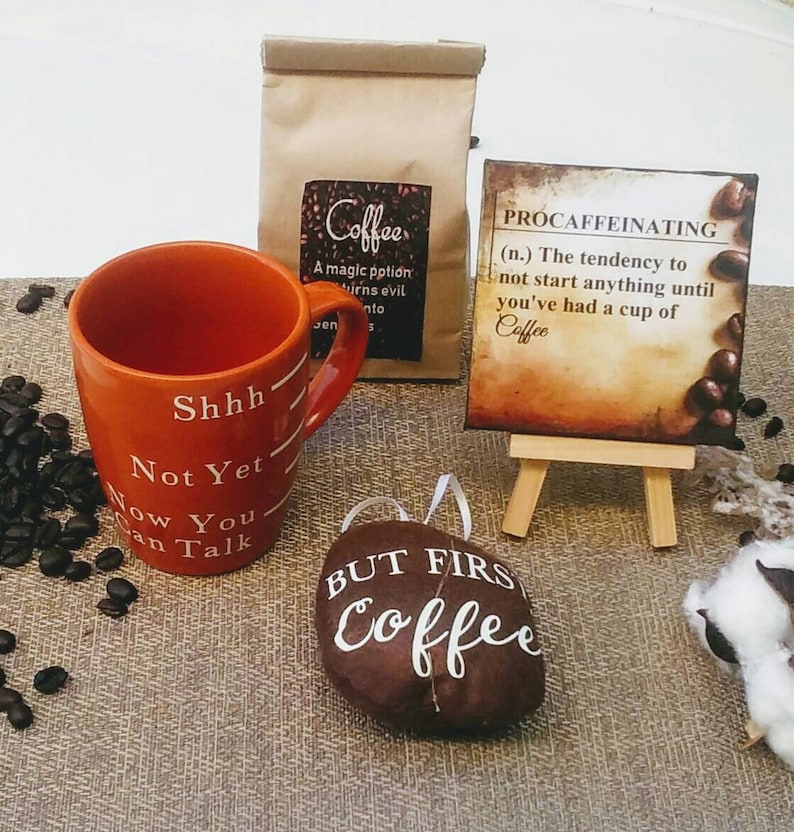 Coffee lovers gift set boxed Funny mug, Quality coffee, Desk print canvas & stand, Coffee Bean, Boss Gift, unisex gift for him for co-worker image 6
