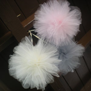 Tulle fabric pom poms, set of 3, pink gray cream, 8&quot; diameter, custom colors available