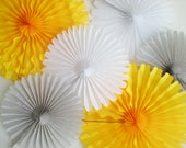 Yellow gray paper rosettes, tissue paper fans, for photo backdrops, nursery, wedding, etc.