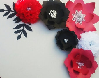 Giant paper flower backdrop red black white silver accents with leaves for photo background or table backdrop COMPLETELY ASSEMBLED