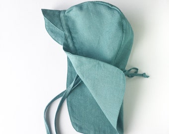 Sea Green Linen and Cotton Baby Sun Cap | Handmade Bonnet | Spring and Summer Sun Hat Cap | Baby Toddler Child Sun hat Cap