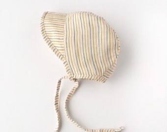Baby Suzy Stripe Linen Baby Bonnet Summer and Winter | Vintage Brim | Handmade Bonnets | Spring and Summer Bonnet | Baby and Toddler Bonnets