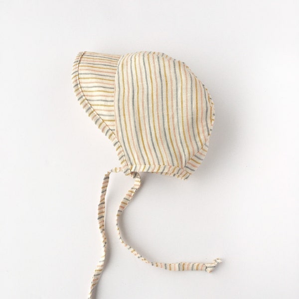 Baby Suzy Stripe Linen Baby Bonnet Summer and Winter | Vintage Brim | Handmade Bonnets | Spring and Summer Bonnet | Baby and Toddler Bonnets