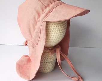 Coral Linen and Cotton Baby Sun Cap | Handmade Bonnet | Spring and Summer Sun Hat Cap | Baby Toddler Child Sun hat Cap