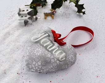 Personalised Christmas Ornament | Shipped Next Day Free Shipping | Handmade | Christmas Hand Sewn | Grey Snowflake Heart