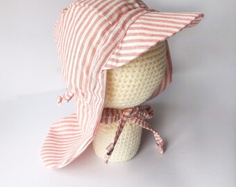 Pink Stripe Linen and Cotton Baby Sun Cap | Handmade Bonnet | Spring and Summer Sun Hat Cap | Baby Toddler Child Sun hat Cap