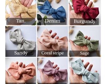 PERSONALISED linen Hair Bows Splendid Style | Clip, band or tie | large hair Bow | multiple colours | Tan Pink Lilac Green hair bow