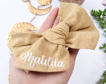 PERSONALISED linen Hair Bows Splendid Style | Clip, band or tie | large hair Bow | multiple colours | Tan Pink Lilac Green hair bow