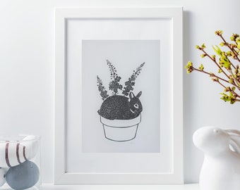 Flower Pot Rabbit linocut print