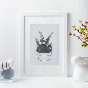 Flower Pot Rabbit linocut print