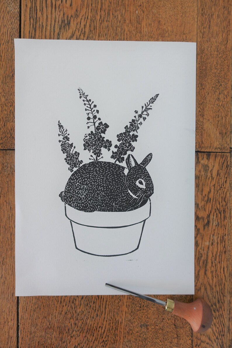 Flower Pot Rabbit Linocut Print - Etsy UK