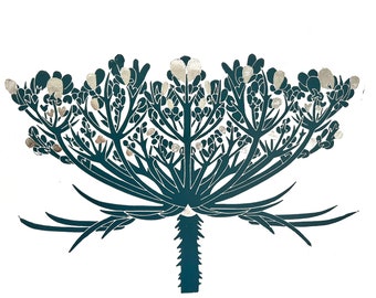 May include: A teal blue silhouette of a flower with silver accents. The flower has a long stem and many branches with small round buds.