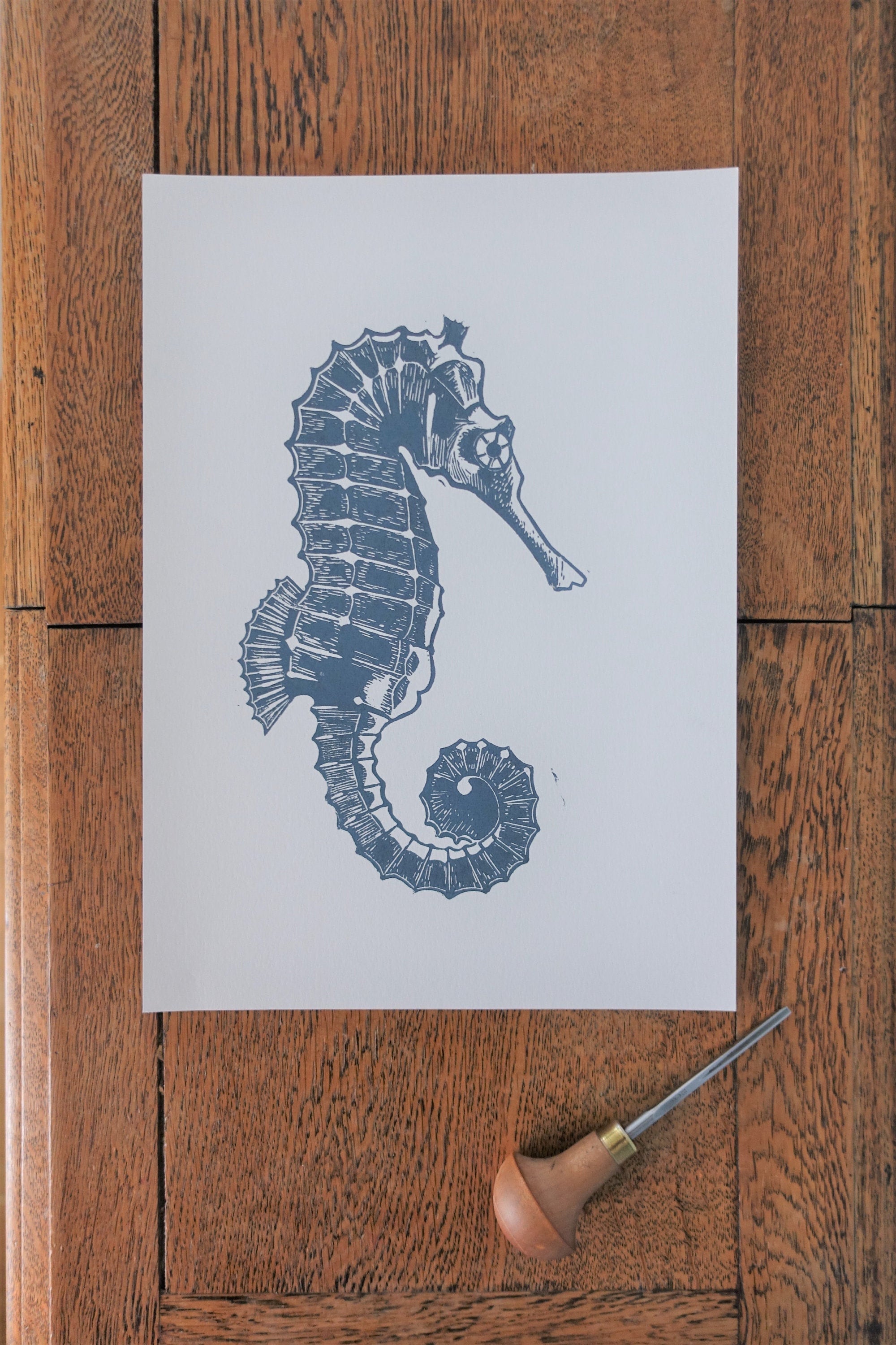 Vector Linocut Sea Horse Illustration On Folded Paper Stock