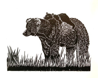 Bear and Bear, Original, handmade, linocut print