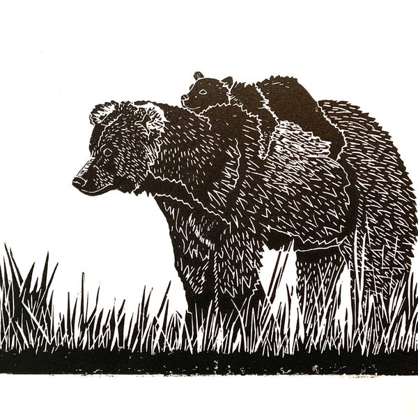 Bear and Bear, Original, handmade, linocut print