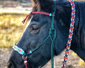 Soft  Rope Halter Bitless Bridle Hackamore- Diamond Paracord Overlay with adjustable browband with matching braided reins