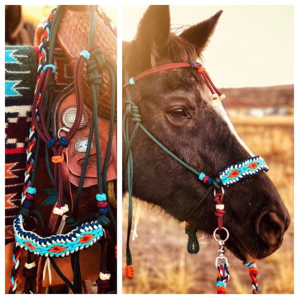 Soft  Rope Halter Bitless Bridle Hackamore- Diamond Paracord Overlay with adjustable browband