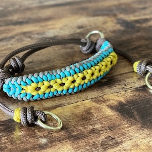 Pu&ograve; includere: Un collare per cani in paracord marrone con un design intrecciato blu e giallo con una fila di fiori gialli. Il collare ha due anelli metallici argentati.