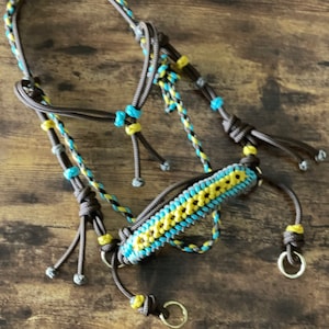 Pu&ograve; includere: Un cavezza per cavalli in corda intrecciata marrone, blu e gialla con due anelli metallici.