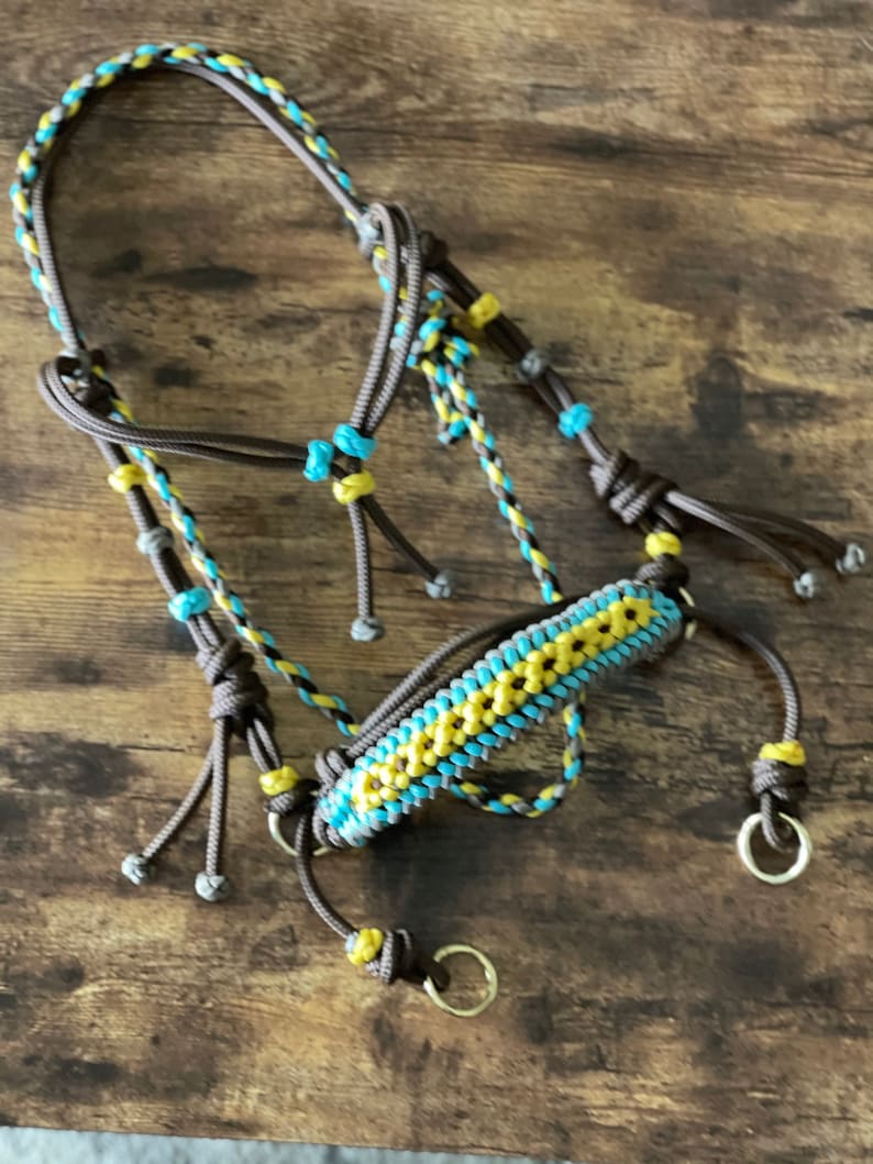 Pu&ograve; includere: Un cavezza per cavalli in corda intrecciata marrone, blu e gialla con due anelli metallici.