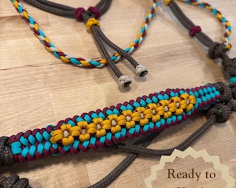 Ready to Ship Horse Size Sunflower Indian Hackamore | Bitless Horse Bridle | Paracord Rope Hackamore | Brown Burgundy Turquoise Goldenrod