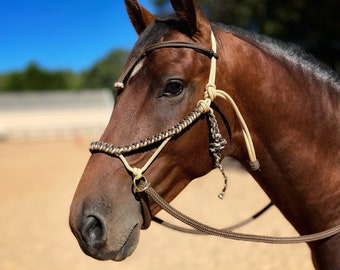 Soft  Rope Bitless Bridle loping Hackamore/ sidepull round braided paracord Overlay with adjustable browband and built in reins