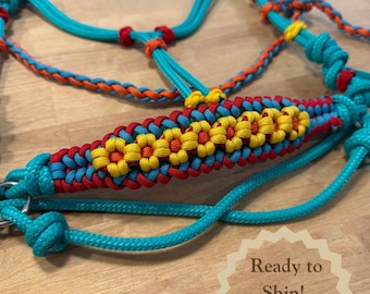 Ready to Ship Arab/Cob Size Sunflower Indian Hackamore | Bitless Horse Bridle | Paracord Rope Hackamore | Turquoise, red, orange, yellow