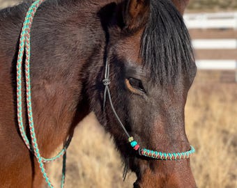 Thin stiff Rope Halter-&-Matching Lead-round braided noseband overlay for gorse training and riding