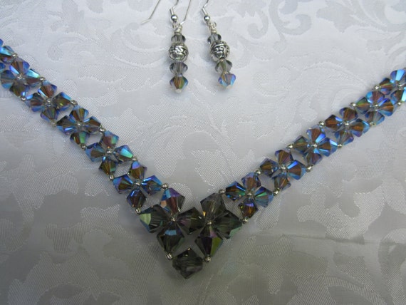 Swarovski Black Diamond AB2X V Shaped Necklace, Earrings With 