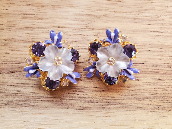 Lucite and Rhinestone Clip-on Floral Earrings sig… - image 1