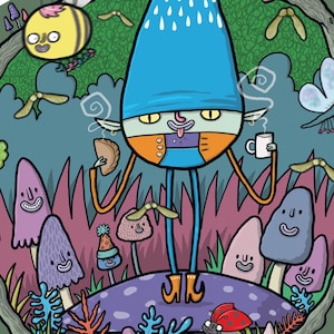 Op de afbeelding: Een grillige illustratie met een blauwe hoed-elf die een kop koffie en een gebakje vasthoudt, omringd door paddenstoelen, een bij en de tekst "LUCKY CORNISH PISKIE". De illustratie heeft een cartoonstijl met een groene achtergrond.