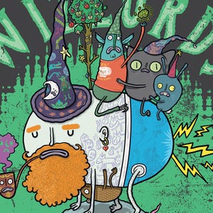 May include: A whimsical illustration featuring a group of cartoon wizards. The image showcases a bearded wizard with a pipe, a tree with stars, and several cat-like creatures. The word "Wizards" is written in green, with a distressed effect, on a dark gray background.