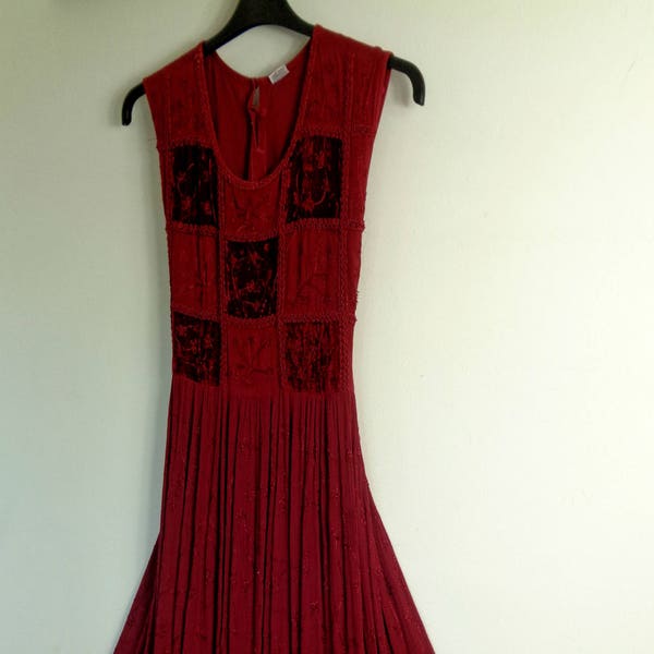 Vintage  Dress Festival India Velvet Patch Work Tie Back Braiding Maxi dress Hippie   Braiding  Gypsy Folk Sun Dress Dark Red 10-14