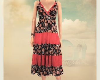 Vintage Cotton Gauze Strappy Dress - Red Black Floral Tiered Boho