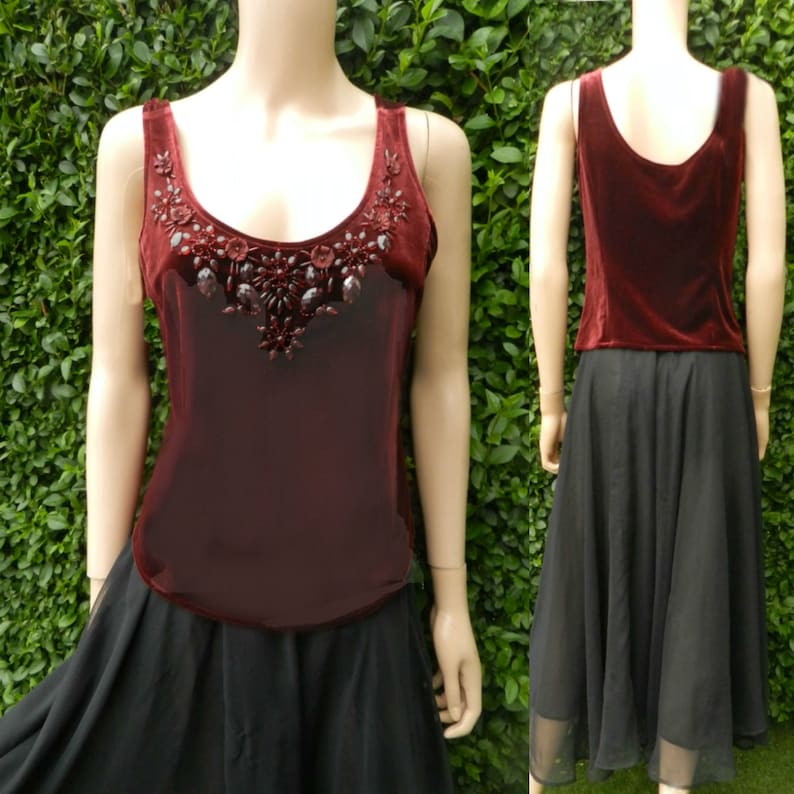 Autograph Beautiful Rich Red Wine Velvet Embellished Top Appliqu\u00e9 Flowers Embroidery Evening Top Or Over Blouse.
