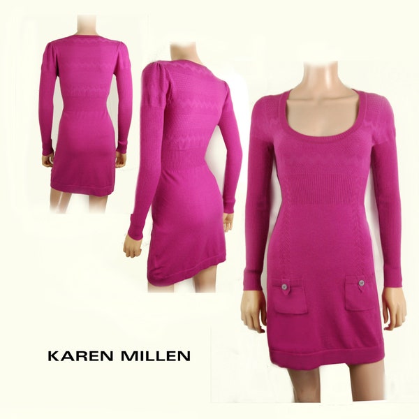 Vintage Karen Millen Dress Fine Wool  Knit Fitted  Fuchsia Jumper Dress Long Sleeves Pockets Dead Stock B 32"34 New With Tags