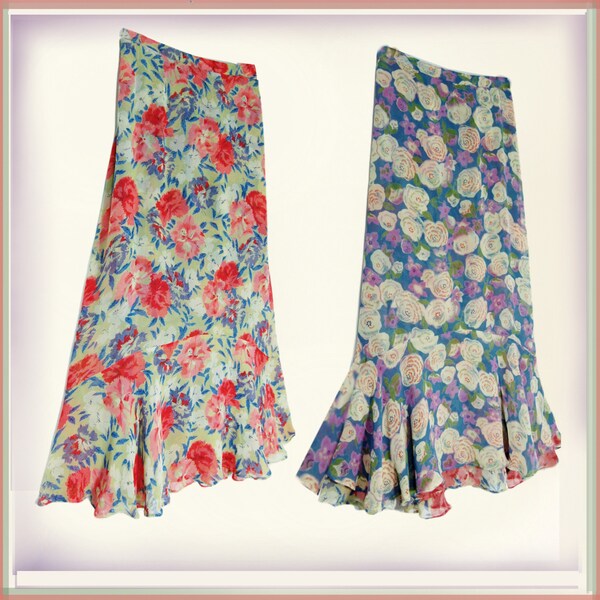 Reversible Two Way Long  Skirt Floral Rose Print Fabric Cottagecore Gypsy Folk Flippy Chiffony  Pretty Skirt Ankle Length Waist 26ins-30ins