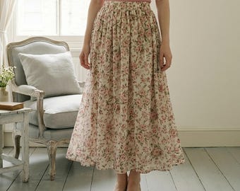 Vintage Maxi Skirt Cottagecore Cream Rose print Quaint  Floral Maxi Skirt | Elasticated Waist  Lined Made in USA