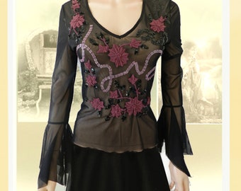 Schwarzes Top Semi Sheer Mesh r Gothic Langer Pfeil Ärmel Emo Fairy Perlen Perlen US Größe 4-6 UK Größe 36-10